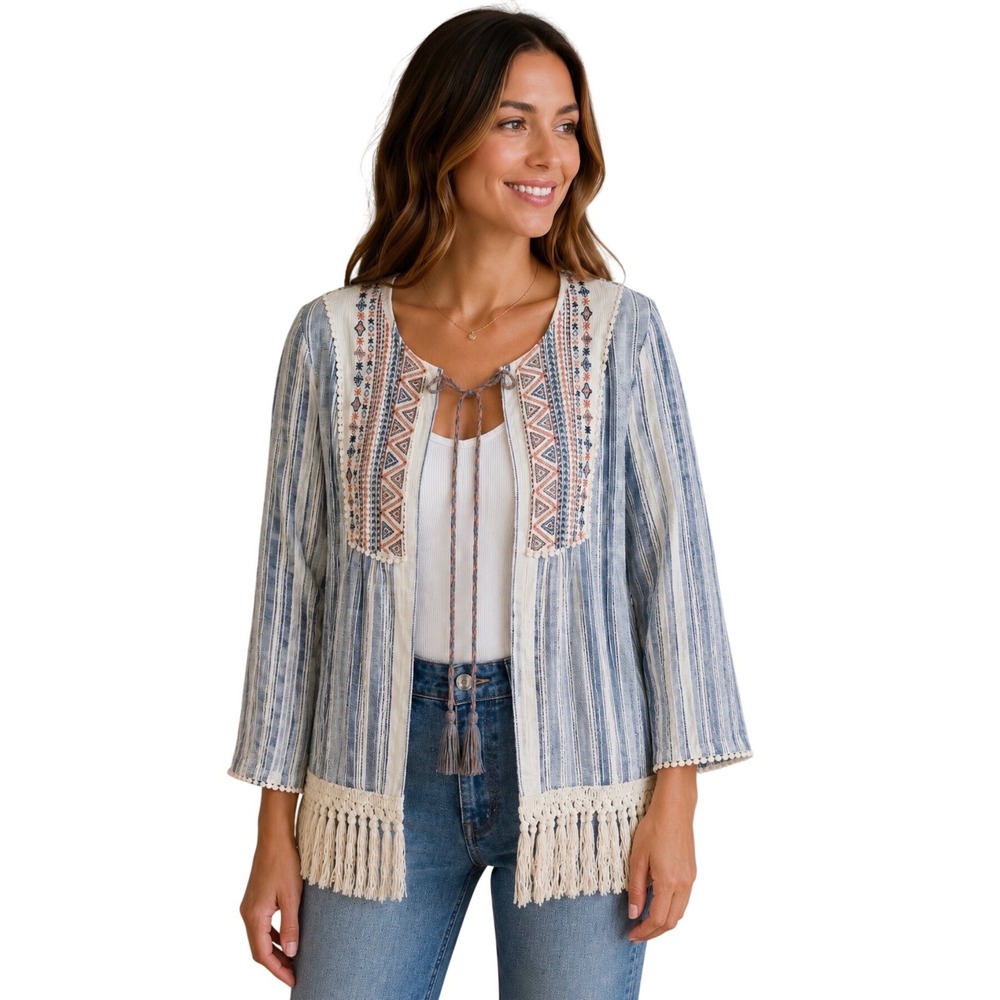 Knox Rose Small Cardigan Blue White Jacket, Cover-up.  Boho‎ Fringe Embroidered